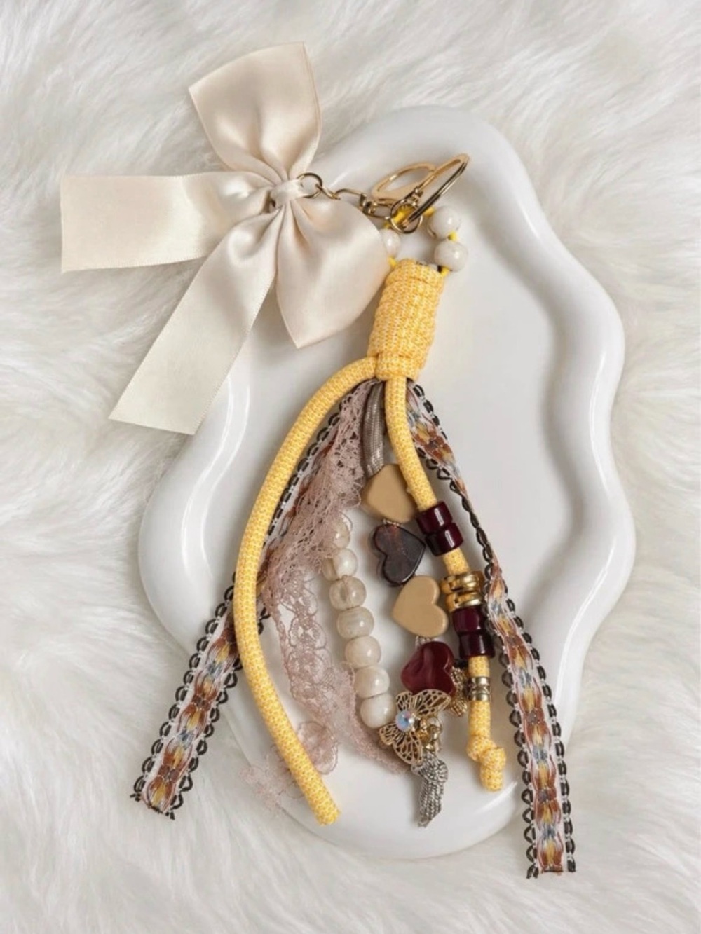 Yellow Ribbon & Bead Tassel Keychain with Heart Charms